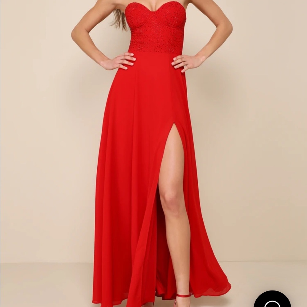 Lulus Remember This Moment Red Rhinestone Strapless Maxi Dress